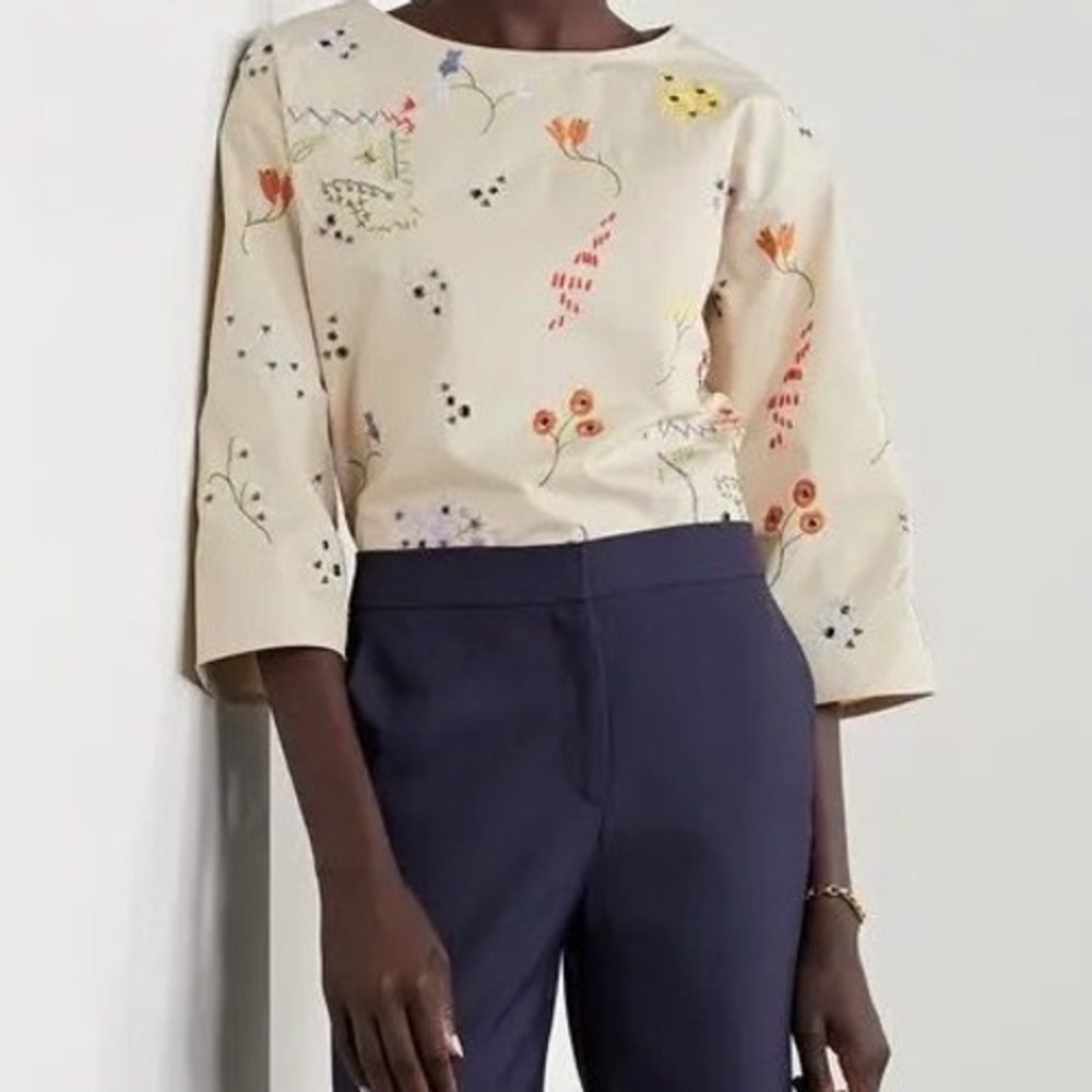 TORY BURCH Robinson embellished Embroidery cotton-twill top Designer Rare Boho M
